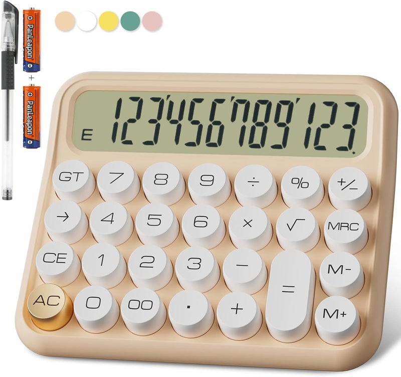 Decklit Mechanical Calculator 12 Digit Extra Large 5-Inch LCD Display, Battery Desk Calculator, Big Buttons Easy to Press Use as Office Calculators Desktop, 15°Tilt Screen for Kids Calculator(Cream) - Image 1